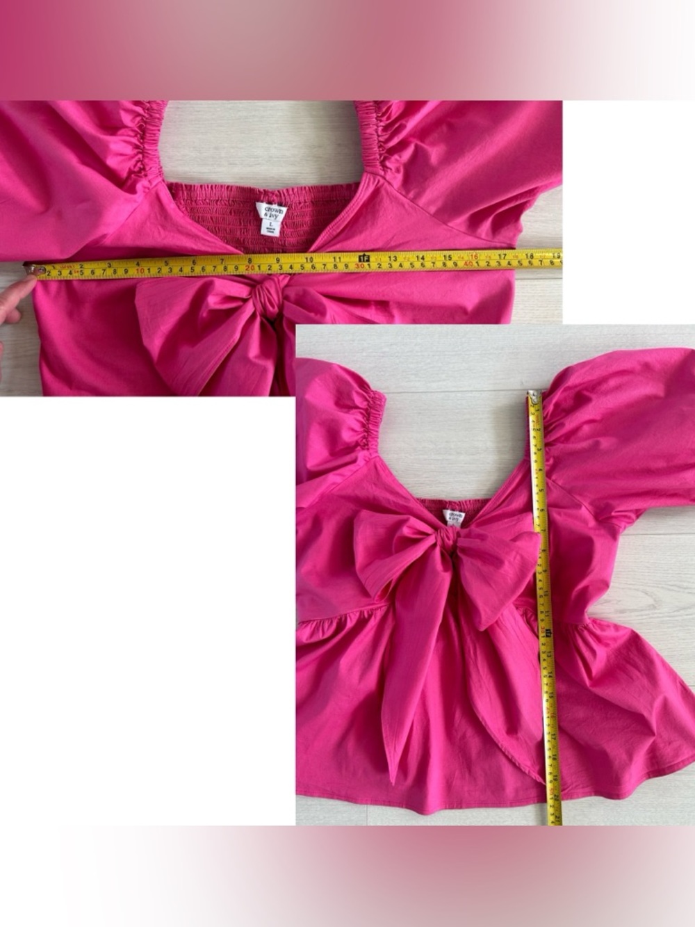 Crown & Ivy Barbie Pink Puff Sleeve Tie Front Babydoll Top Womens L - Picture 8 of 8